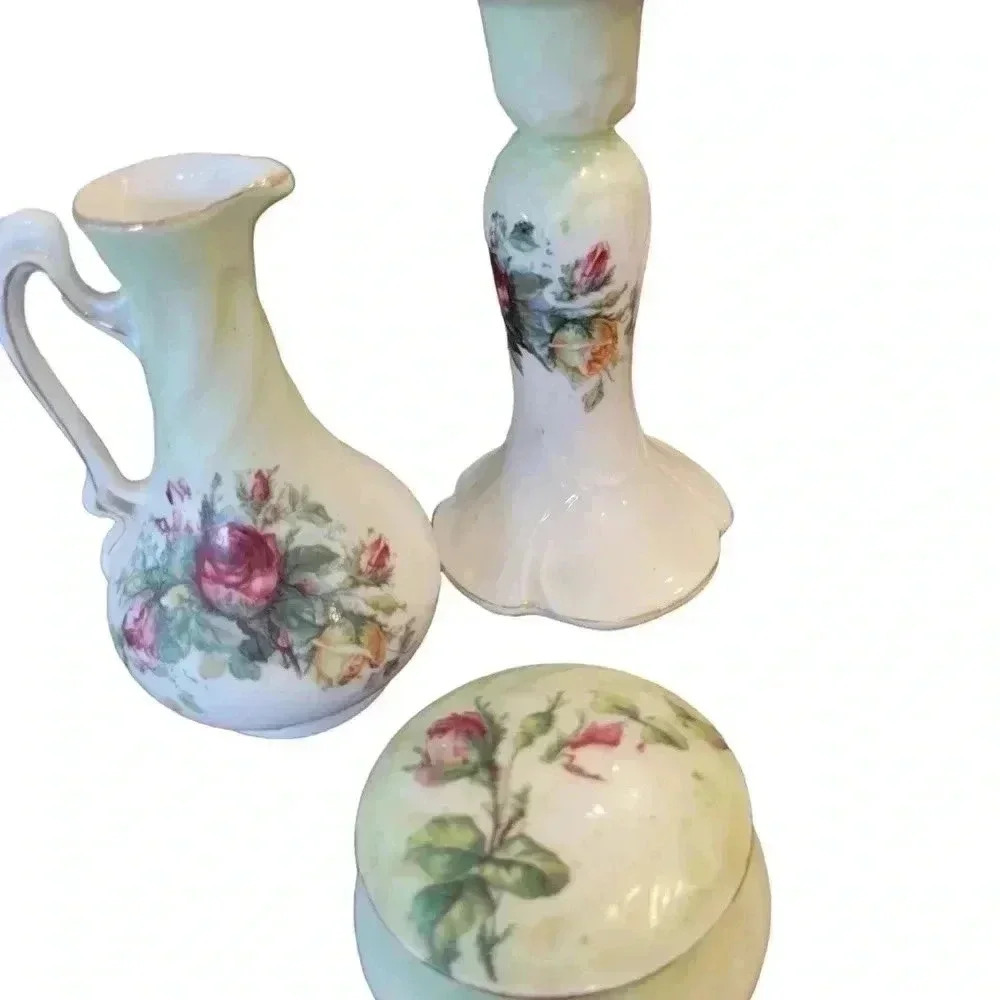 5 Piece Vintage Woman's Decorative Dresser Set floral  ceramic - Picture 6 of 8